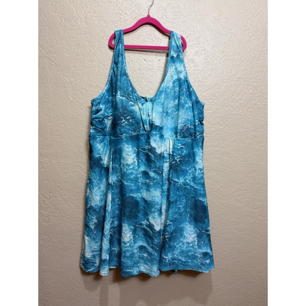 TORRID Wireless Long Zip-Front Swim Dress With Shorts Blue Ocean Waves Plus 5X